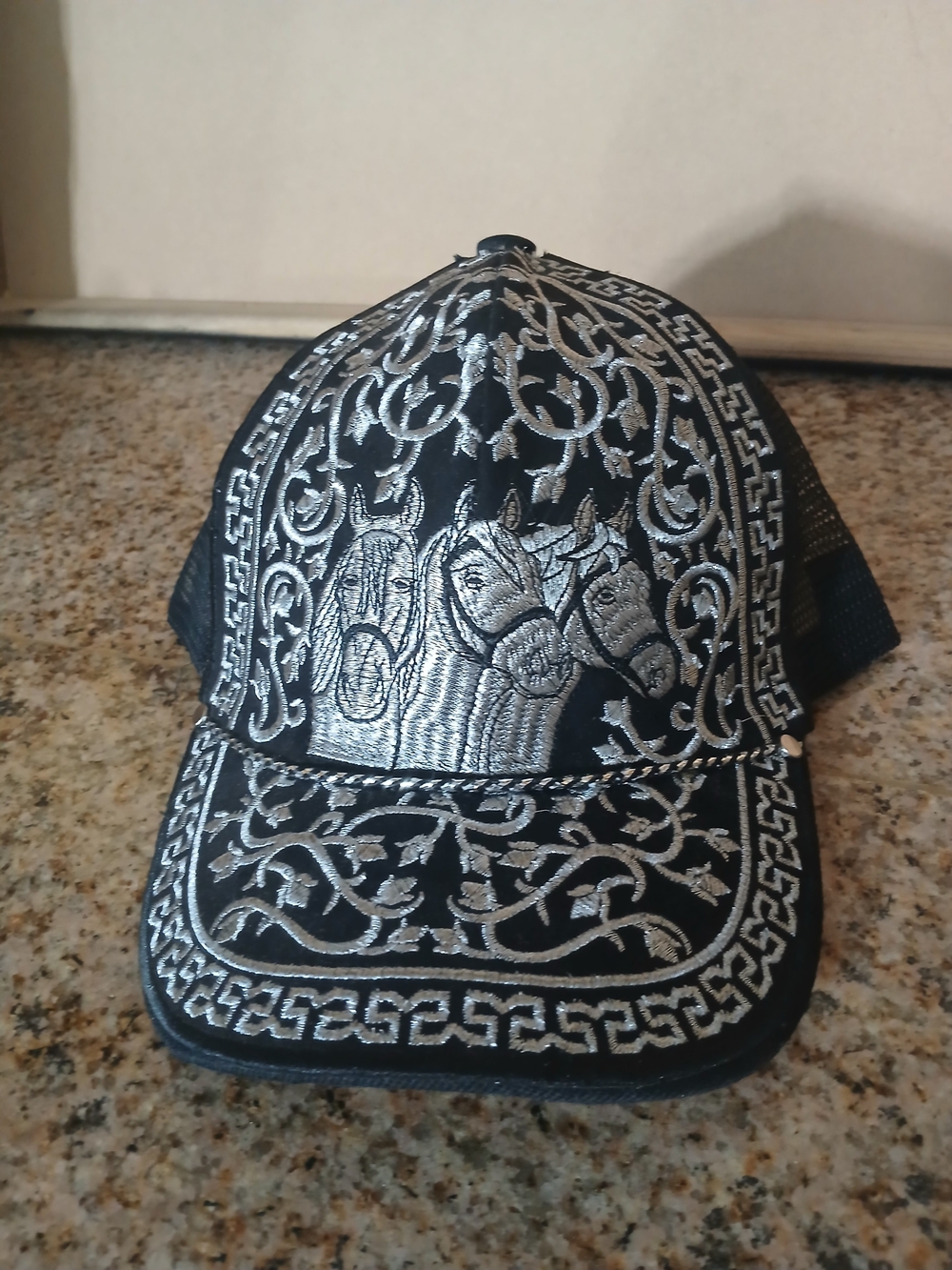 Black Cap with Silver Embroidered Horses - Men's Accessory